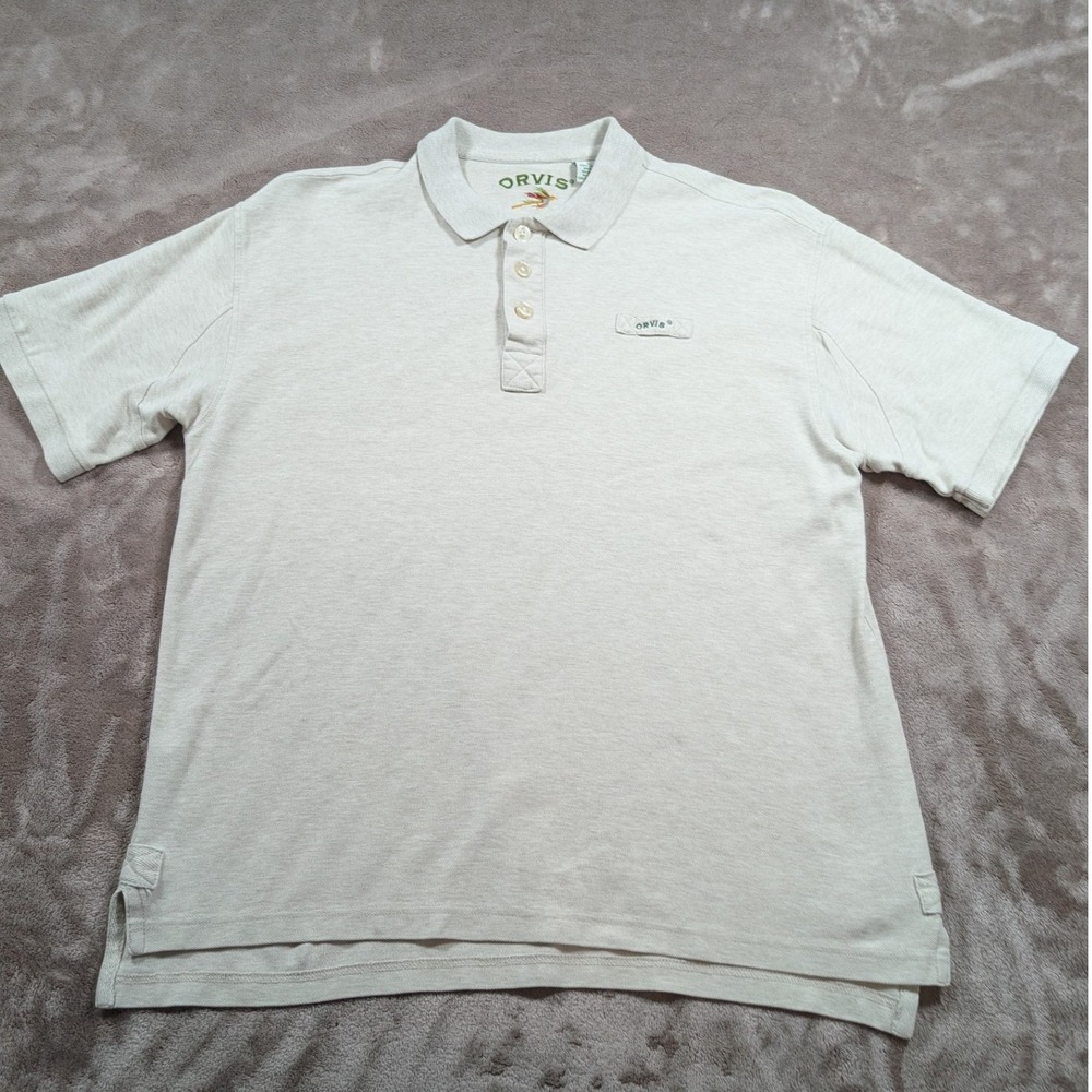 Orvis Polo Shirt Men Medium Beige Oatmeal Heather Cotton Pique Short Sleeve 4A5T